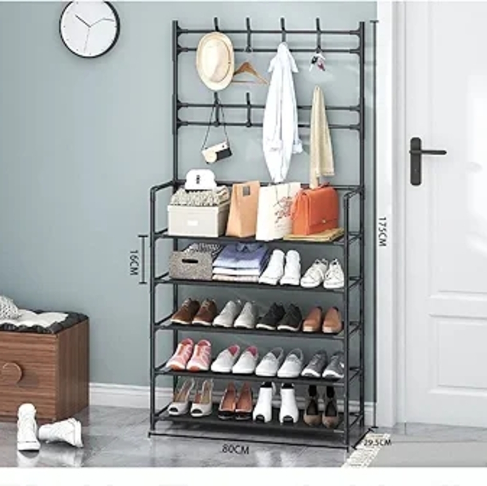 NEW Multi-Use Black / White Multi-Tier Storage Unit with Hooks and Shoe Shelves